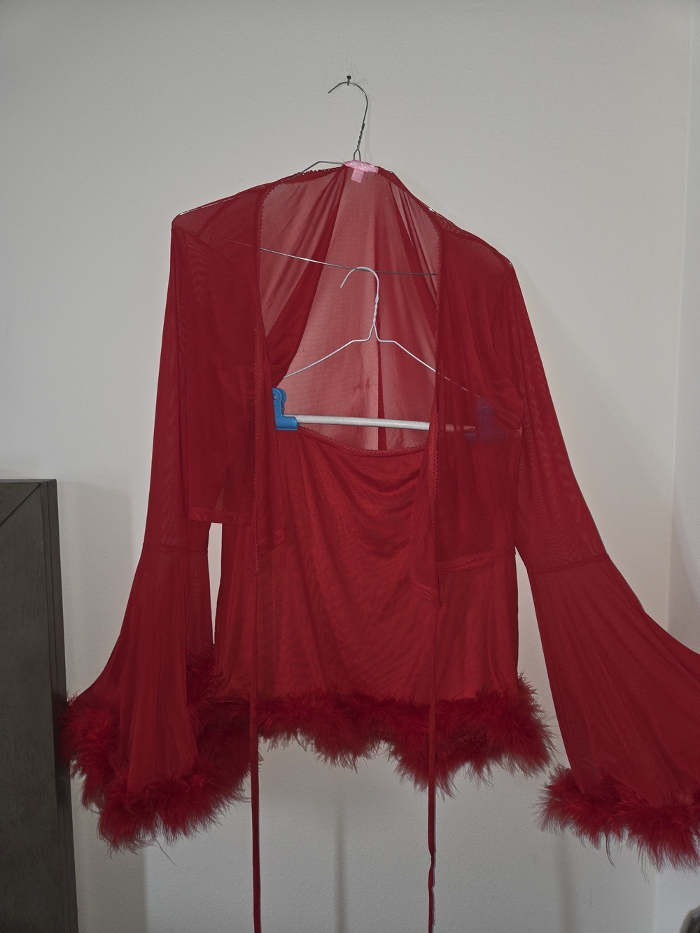 Sugar Thrillz Red Sheer Marabou-Trim 2 Piece Skirt Set